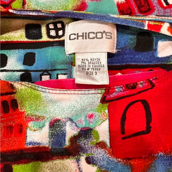 Chico’s Artsy Abstract Colorful Print Stretch Pullover Top Sz L Statement Piece - Picture 5 of 8